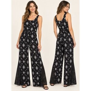 Willow & Root Women's Small Black Wide Leg Jumpsuit Lace Trim Boho